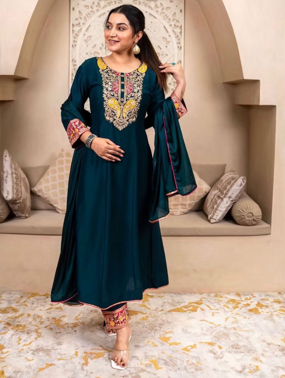Jewel-Toned Vichitra Silk Ethnic Ensemble with Heavy Neckline Detailing
