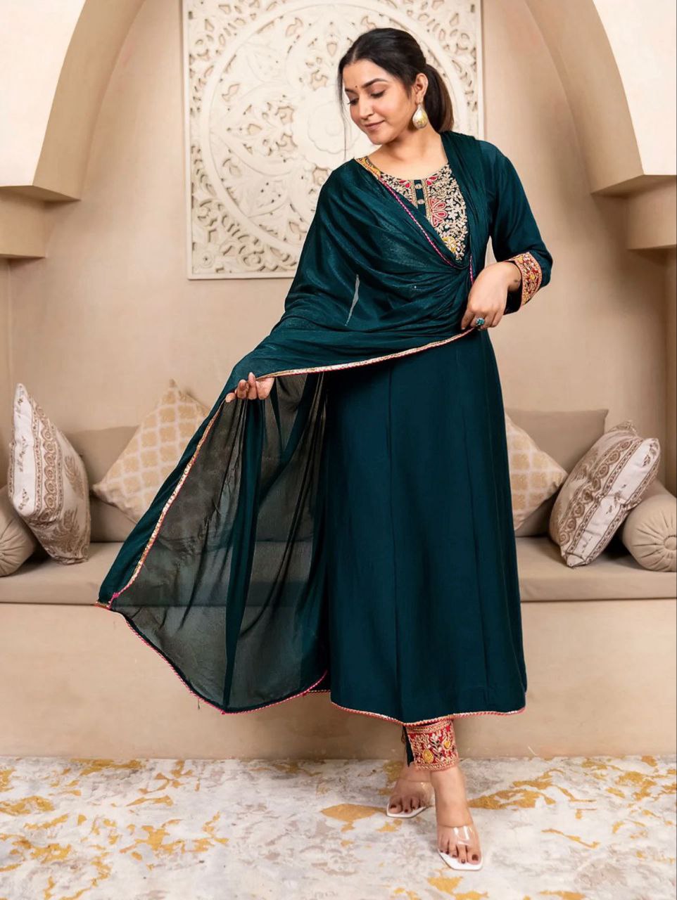 Jewel-Toned Vichitra Silk Ethnic Ensemble with Heavy Neckline Detailing