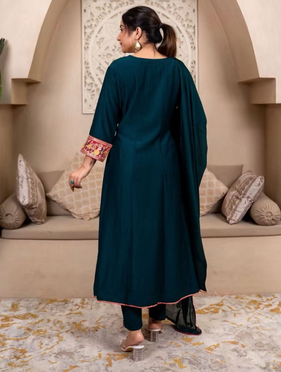 Jewel-Toned Vichitra Silk Ethnic Ensemble with Heavy Neckline Detailing