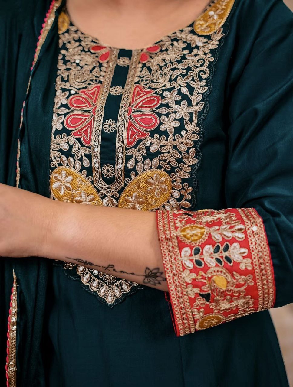 Jewel-Toned Vichitra Silk Ethnic Ensemble with Heavy Neckline Detailing