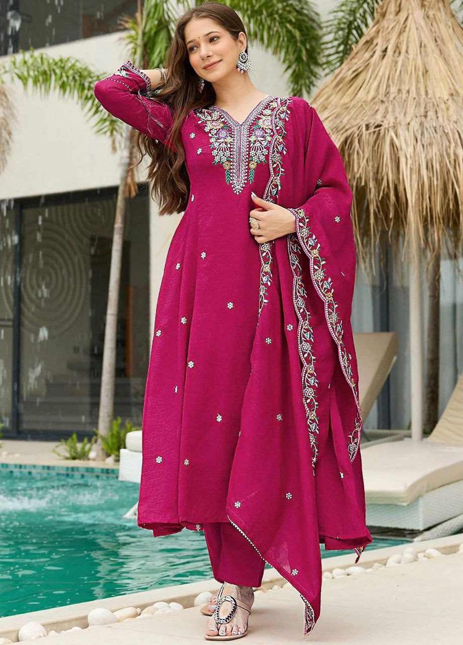 The Magenta Muse Vichitra Silk Anarkali Set with Ornate Floral Embroidery