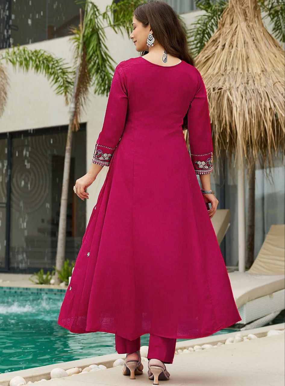The Magenta Muse Vichitra Silk Anarkali Set with Ornate Floral Embroidery