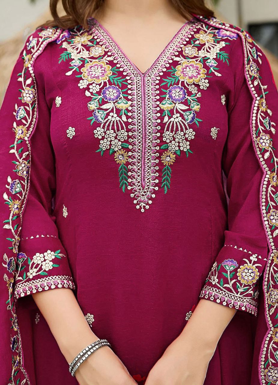 The Magenta Muse Vichitra Silk Anarkali Set with Ornate Floral Embroidery