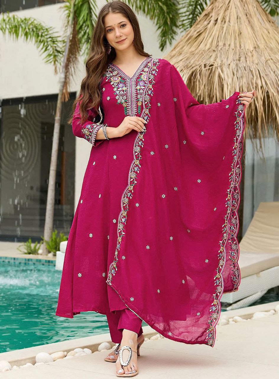 The Magenta Muse Vichitra Silk Anarkali Set with Ornate Floral Embroidery