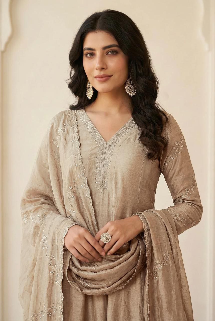 Royal Vichitra Silk Kurta Set with Intricate Metallic Embroidery & Coordinating Trousers