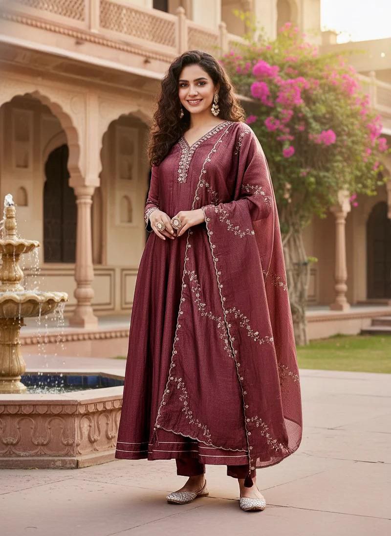 Mauve-Maroon Wedding Guest Anarkali Set with matching Trousers and Dupatta