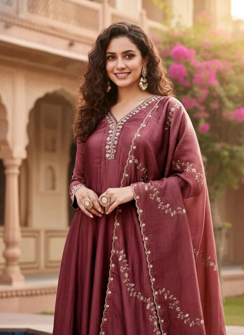 Mauve-Maroon Wedding Guest Anarkali Set with matching Trousers and Dupatta