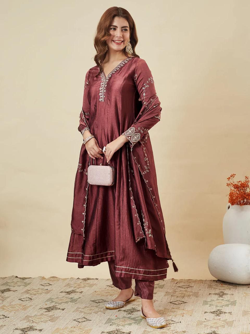 Mauve-Maroon Wedding Guest Anarkali Set with matching Trousers and Dupatta
