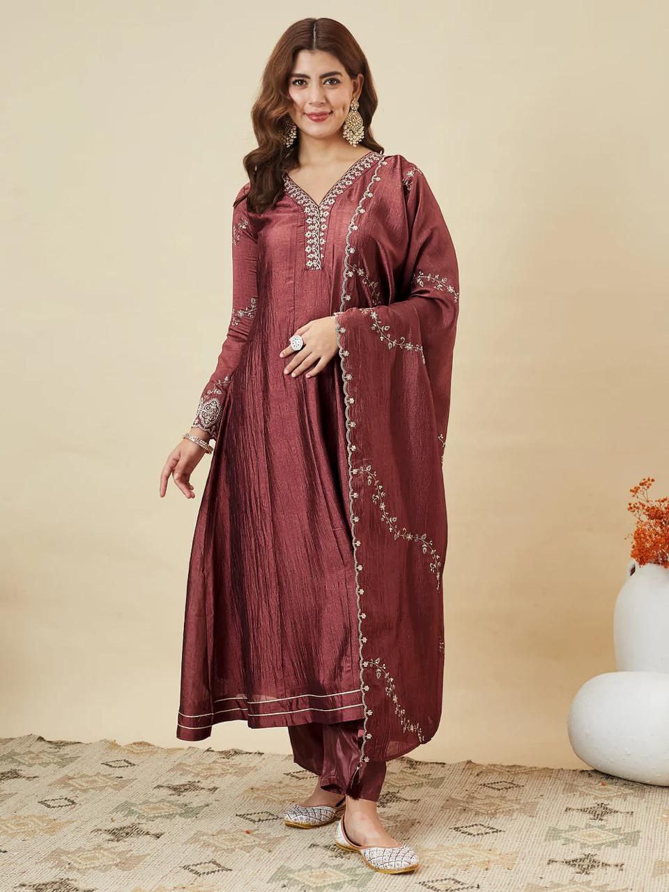 Mauve-Maroon Wedding Guest Anarkali Set with matching Trousers and Dupatta