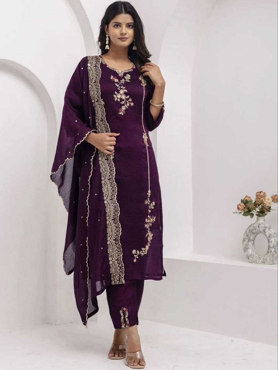 Regal Radiance Deep Plum Silk Blend Embroidered Suit Set