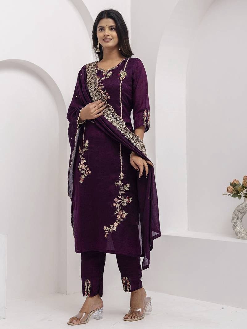 Regal Radiance Deep Plum Silk Blend Embroidered Suit Set