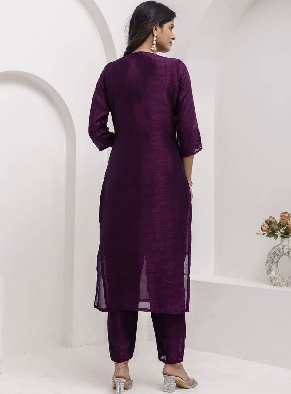 Regal Radiance Deep Plum Silk Blend Embroidered Suit Set