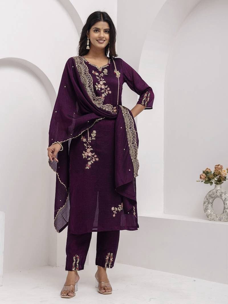 Regal Radiance Deep Plum Silk Blend Embroidered Suit Set