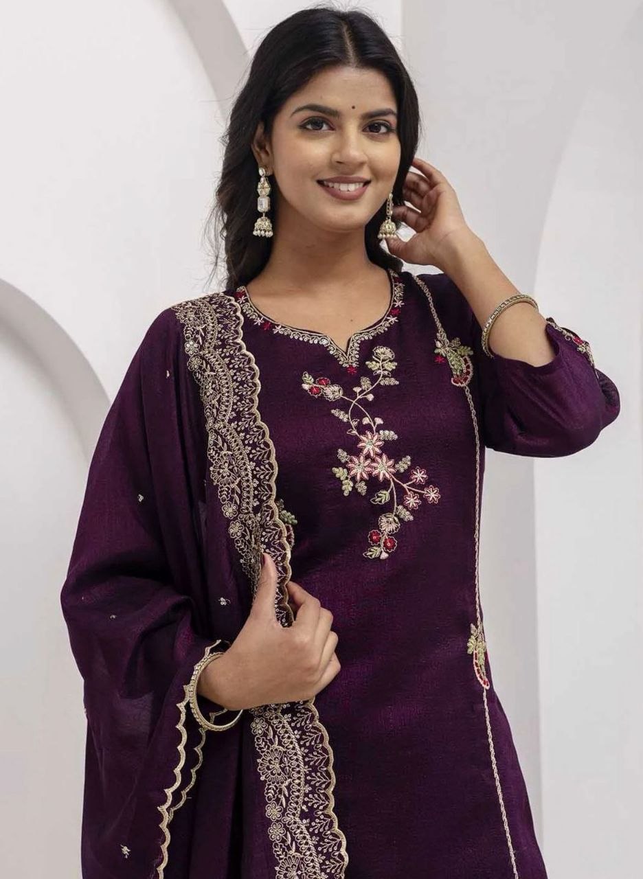 Regal Radiance Deep Plum Silk Blend Embroidered Suit Set