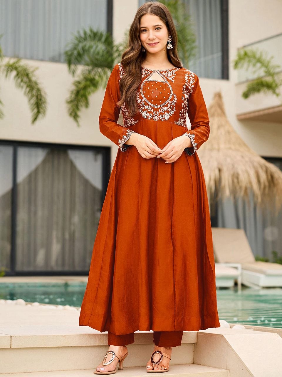 Autumn Glow Rust Orange Embroidered Anarkali Suit Set