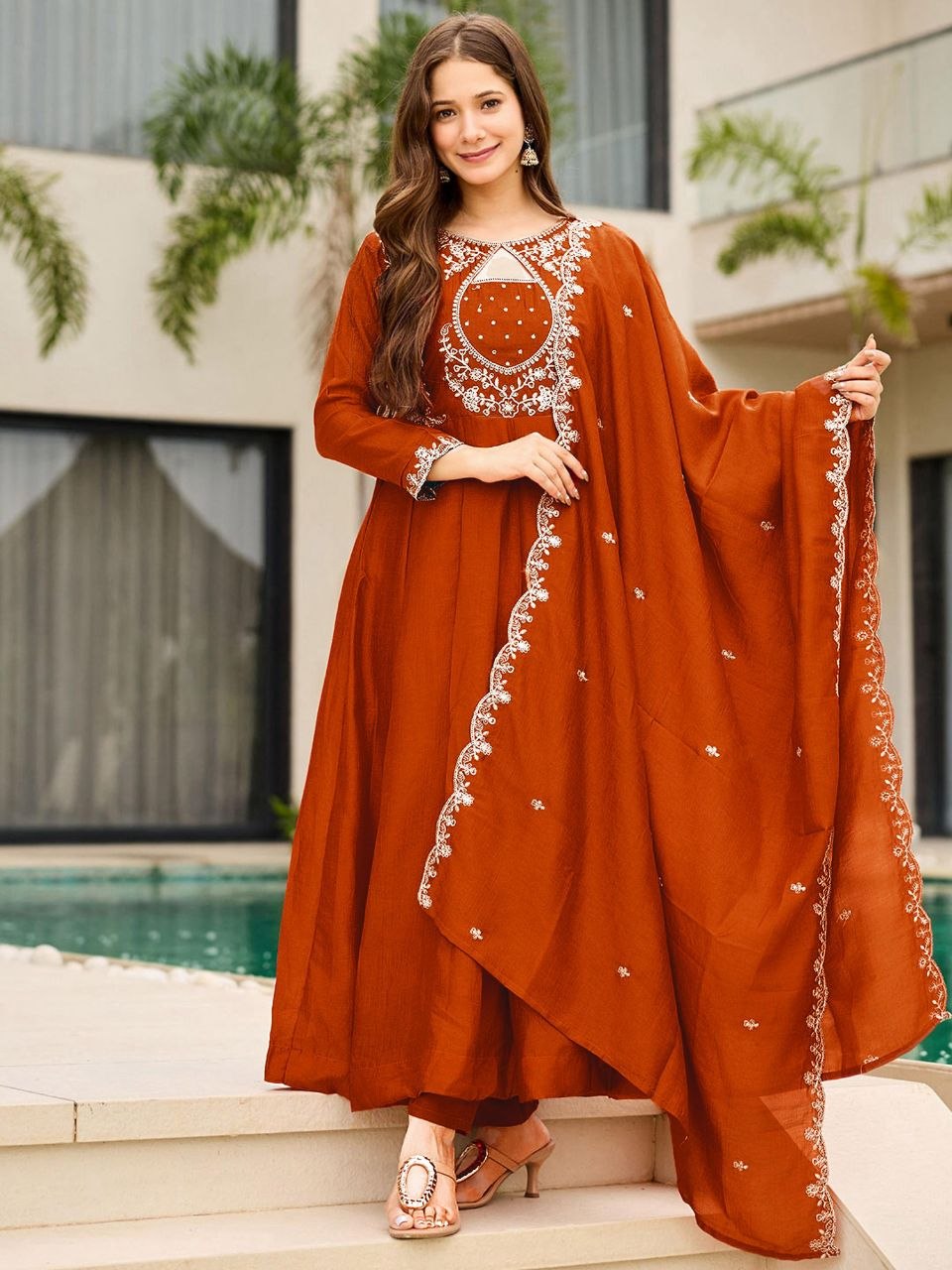 Autumn Glow Rust Orange Embroidered Anarkali Suit Set