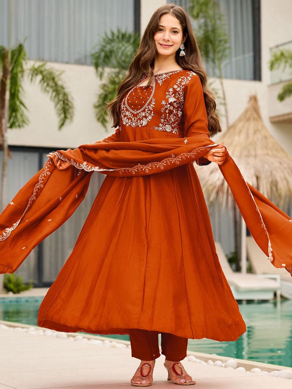 Autumn Glow Rust Orange Embroidered Anarkali Suit Set