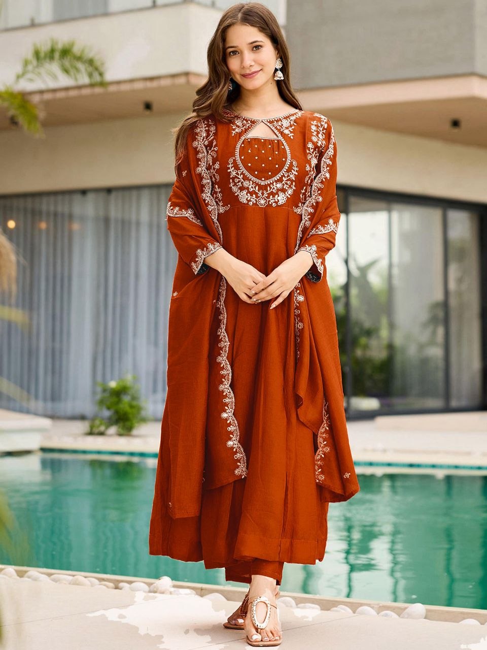 Autumn Glow Rust Orange Embroidered Anarkali Suit Set