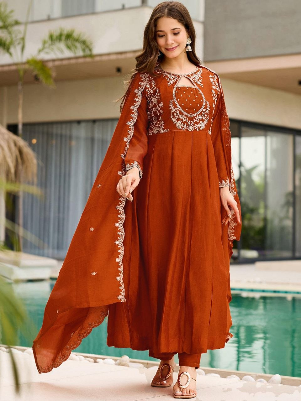 Autumn Glow Rust Orange Embroidered Anarkali Suit Set