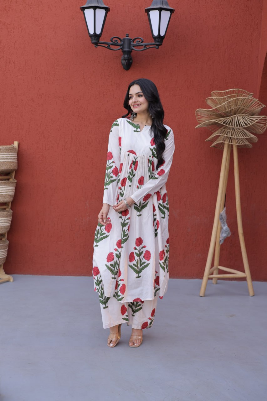 White & Red Floral Ethnic Co-ord Set