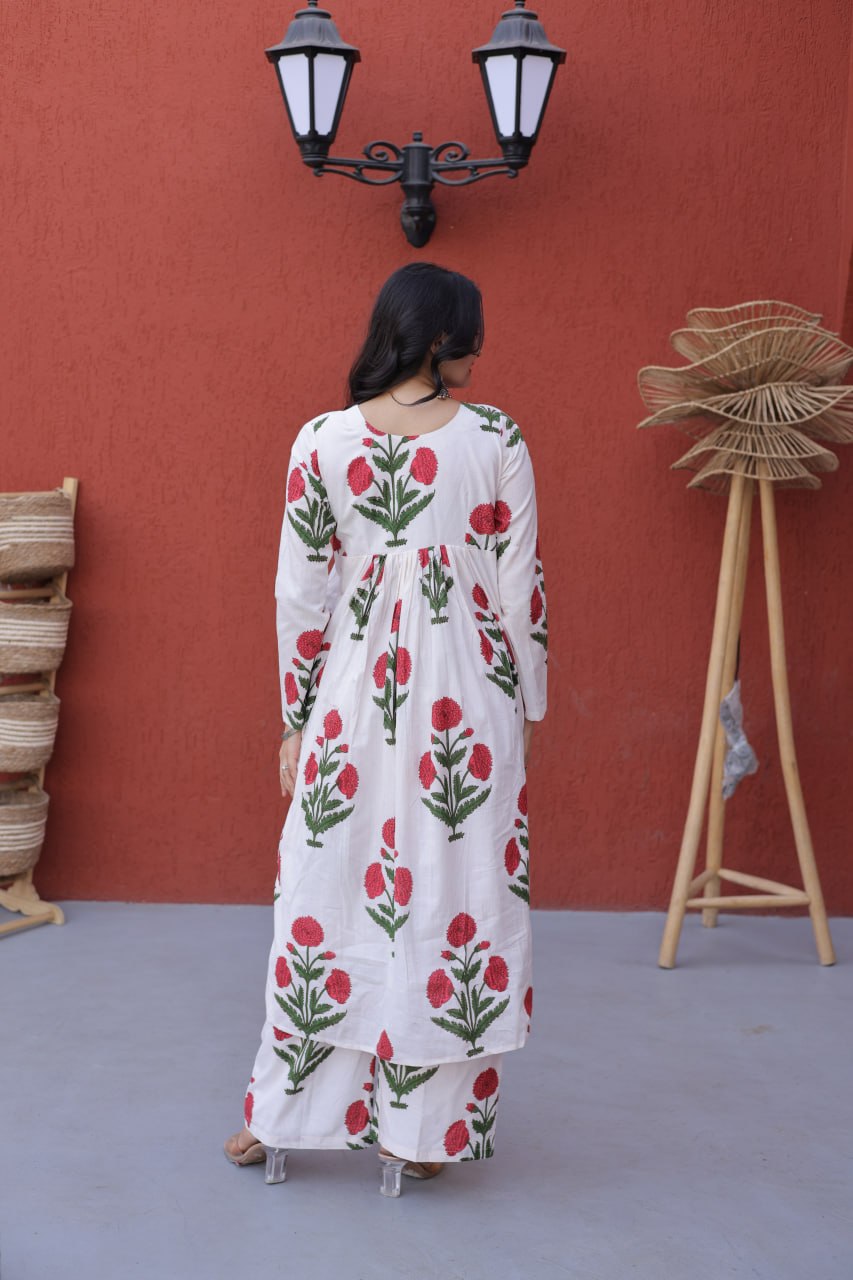 White & Red Floral Ethnic Co-ord Set