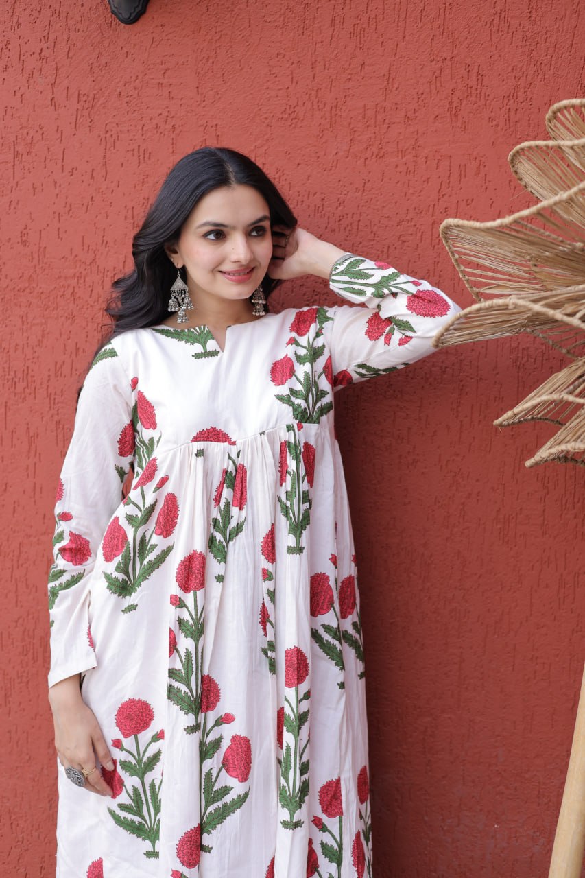 White & Red Floral Ethnic Co-ord Set