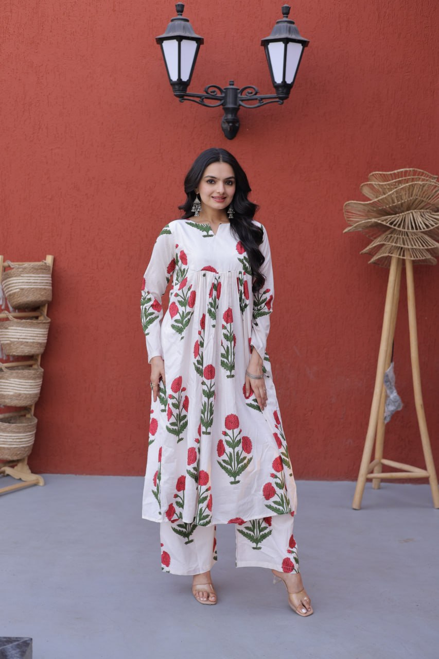 White & Red Floral Ethnic Co-ord Set