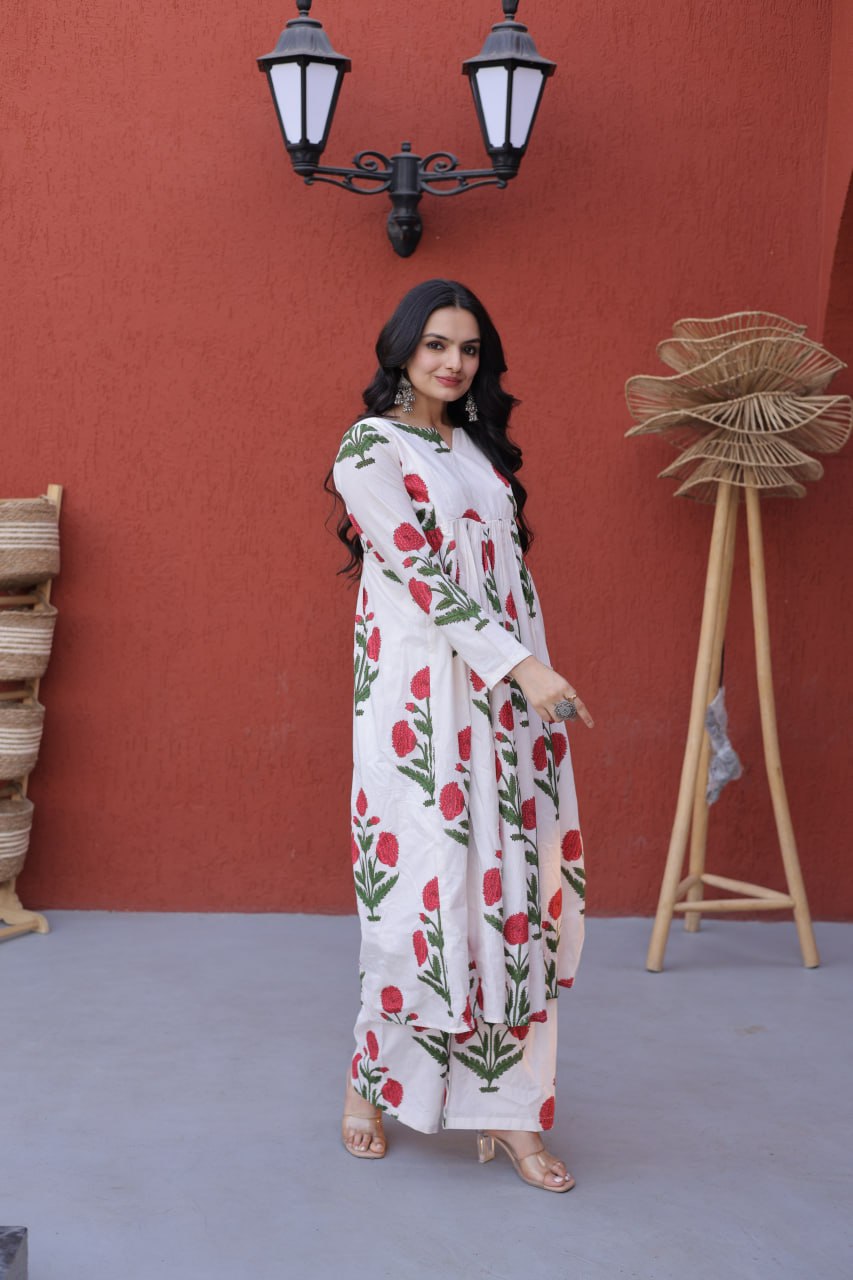 White & Red Floral Ethnic Co-ord Set