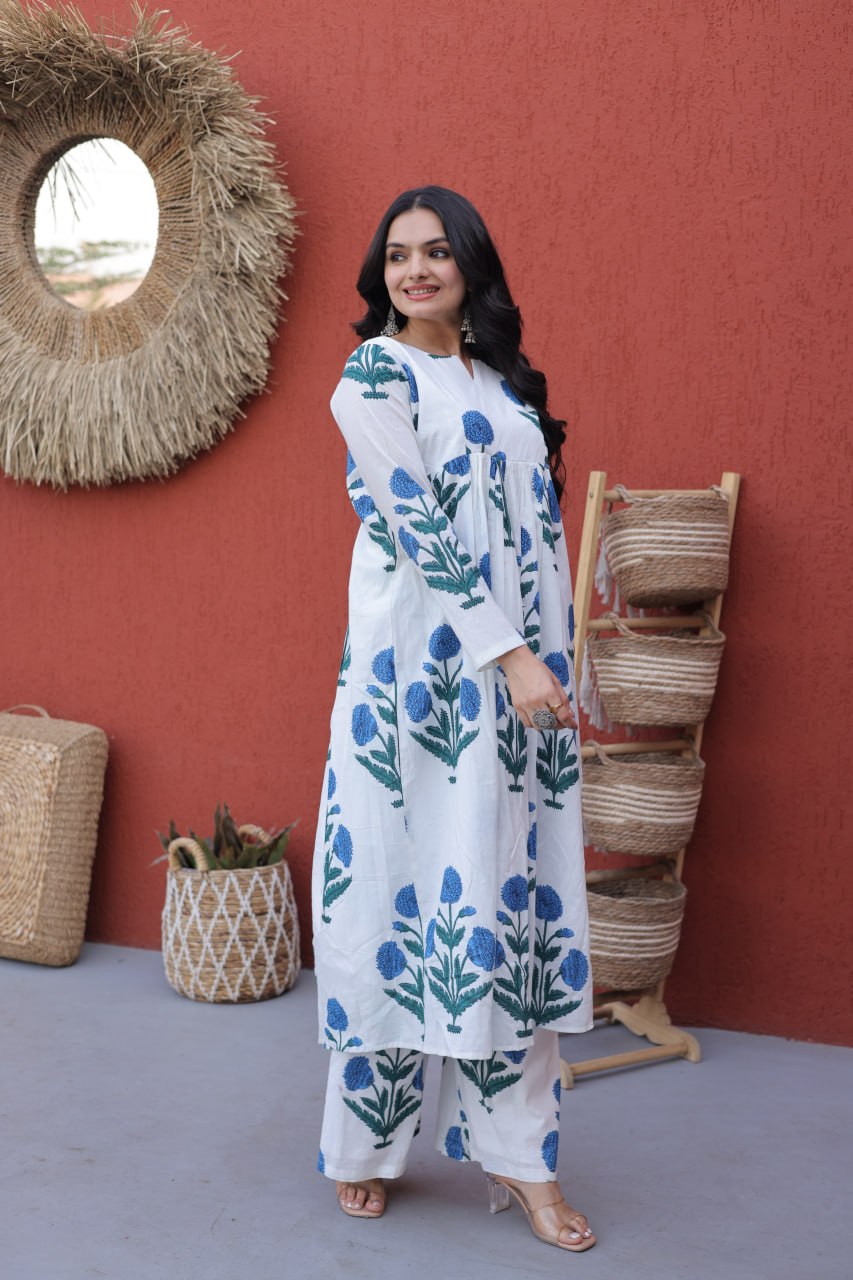 Indigo Petals White & Blue Hand-Block Style Floral Co-ord Set
