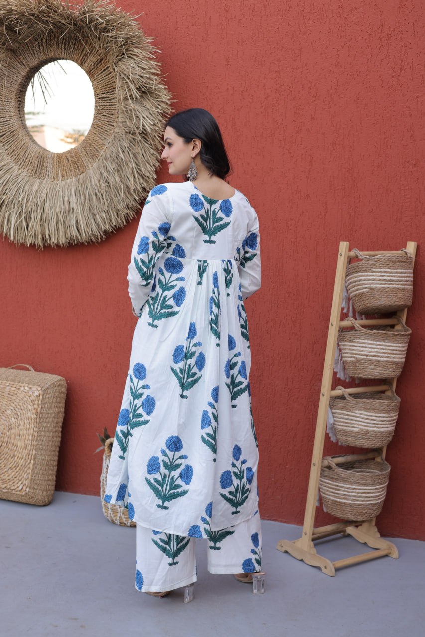 Indigo Petals White & Blue Hand-Block Style Floral Co-ord Set