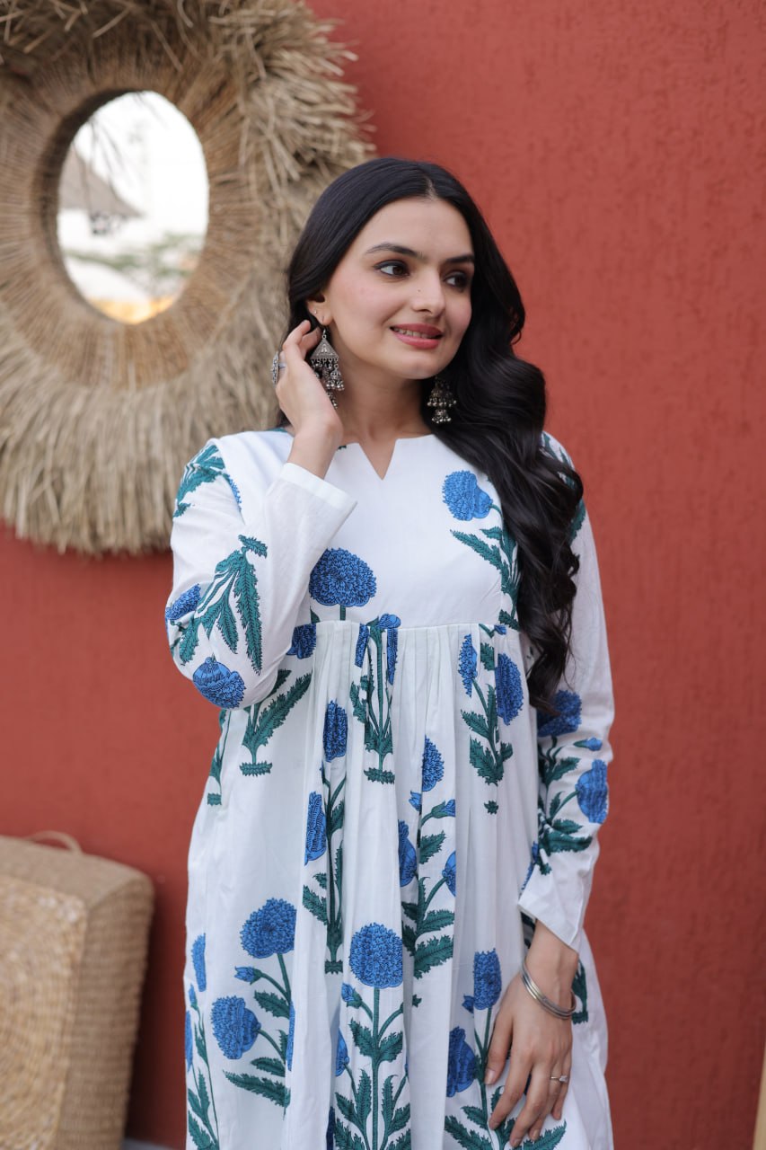 Indigo Petals White & Blue Hand-Block Style Floral Co-ord Set