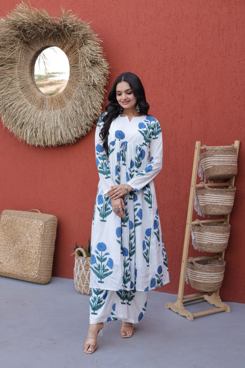 Indigo Petals White & Blue Hand-Block Style Floral Co-ord Set