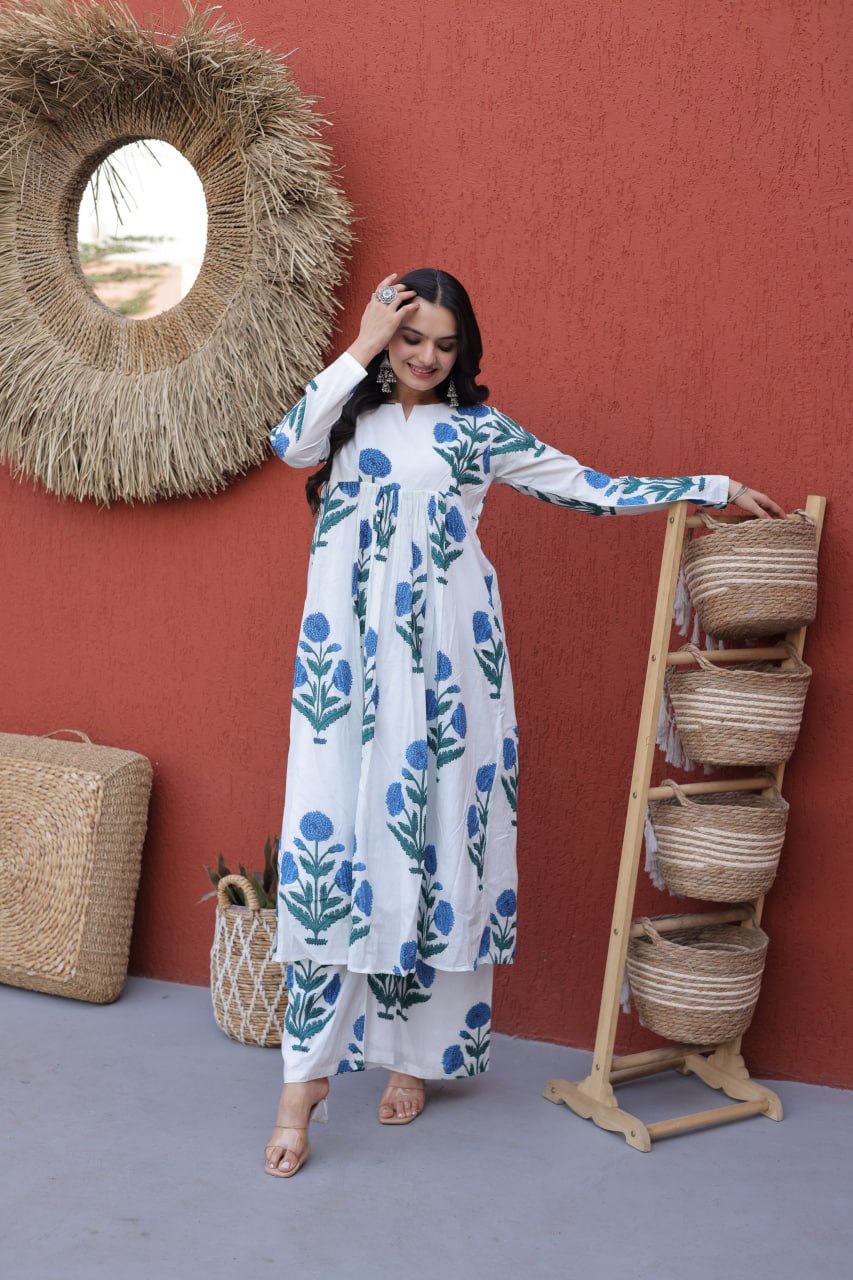 Indigo Petals White & Blue Hand-Block Style Floral Co-ord Set