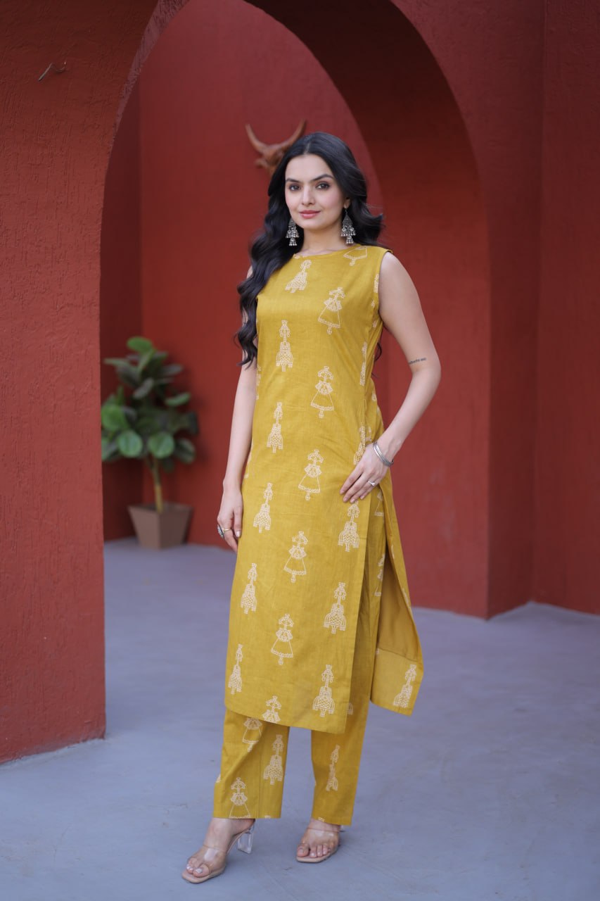 Mustard Radiance Sleeveless Hand-Block Printed Kurta Set