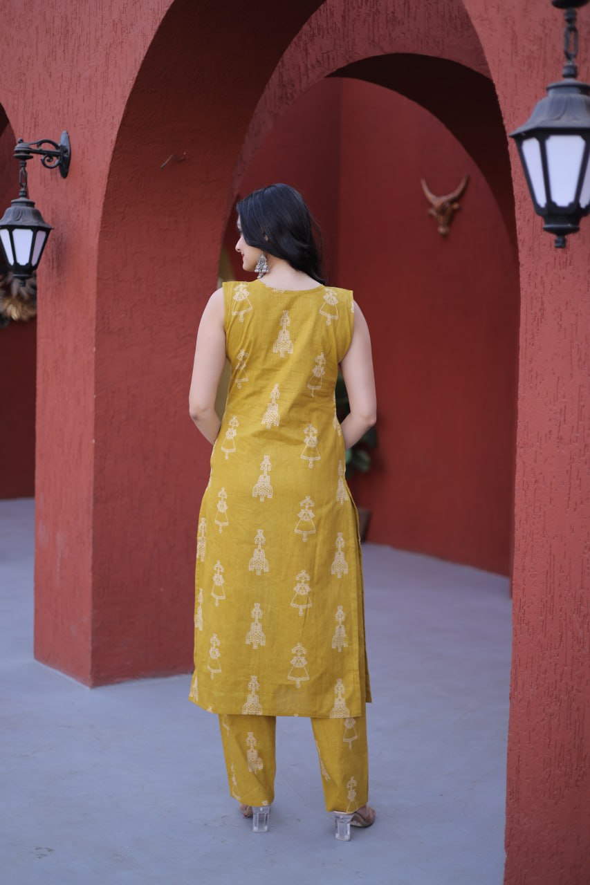 Mustard Radiance Sleeveless Hand-Block Printed Kurta Set