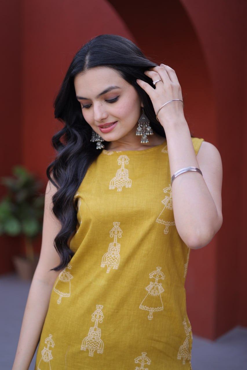 Mustard Radiance Sleeveless Hand-Block Printed Kurta Set