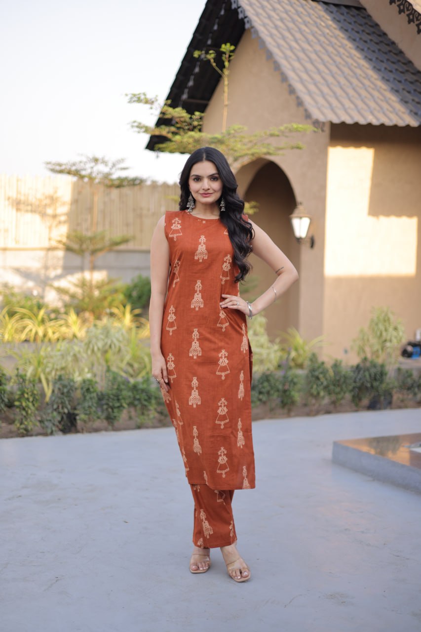 Rust Earth Sleeveless Hand-Block Print Co-ord Kurta Set