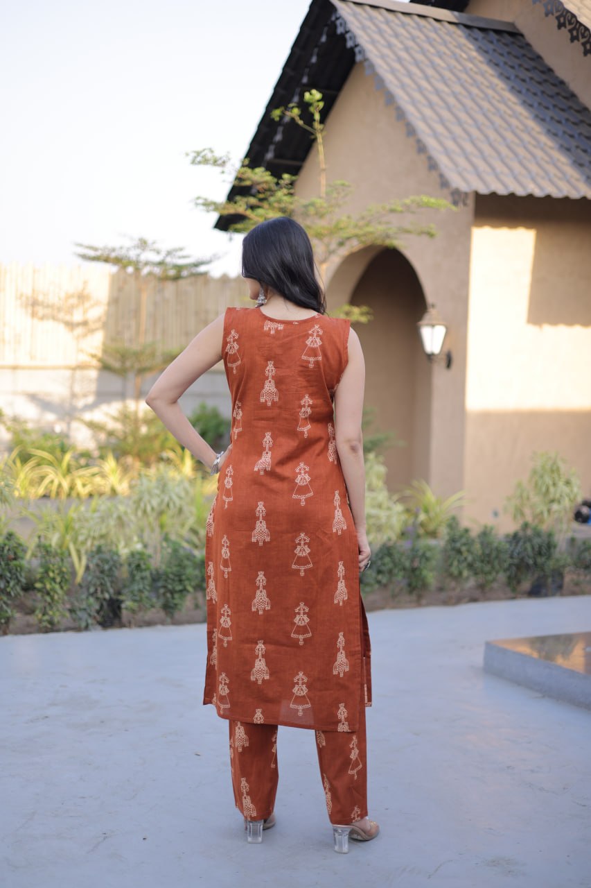 Rust Earth Sleeveless Hand-Block Print Co-ord Kurta Set