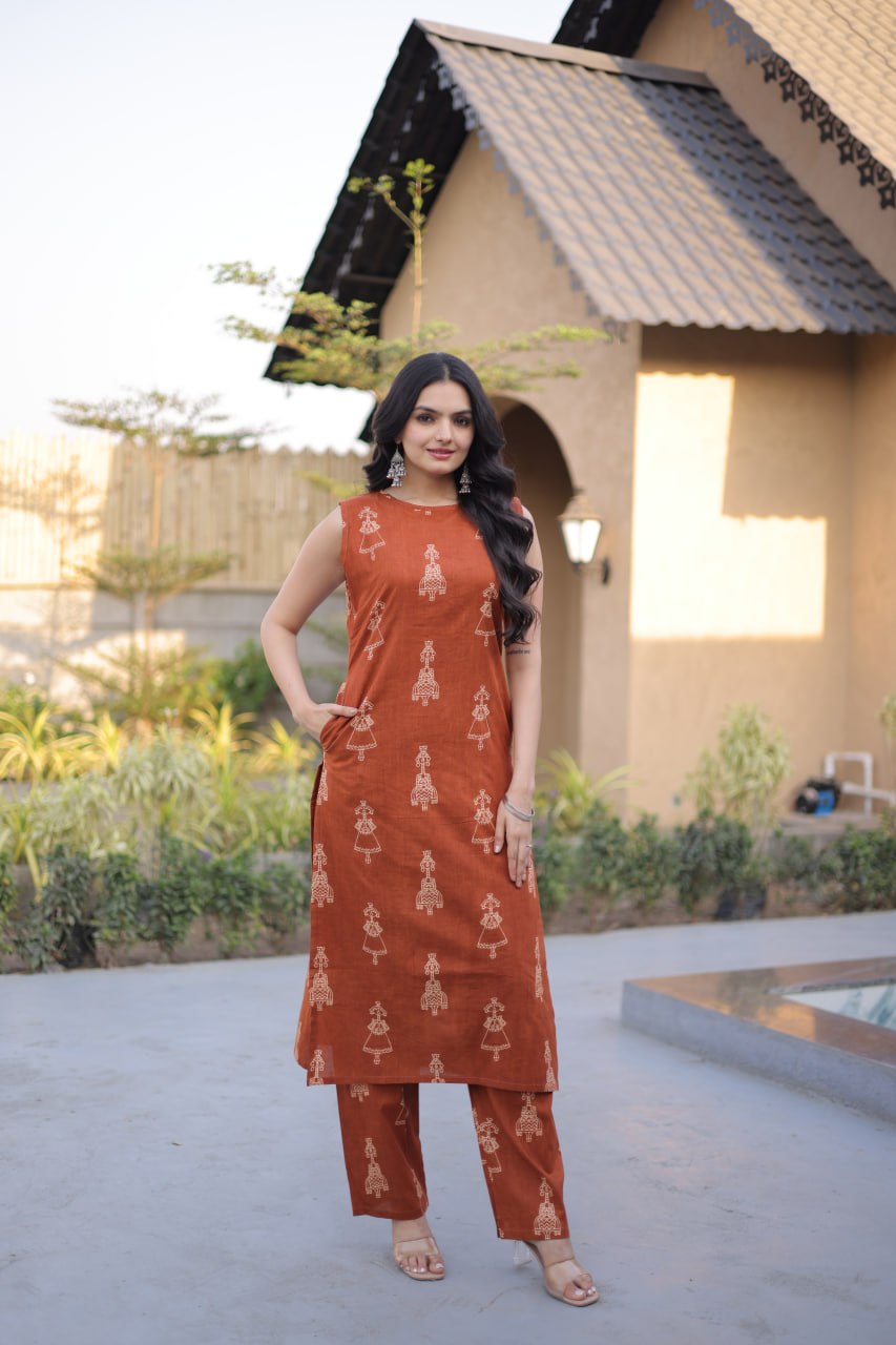 Rust Earth Sleeveless Hand-Block Print Co-ord Kurta Set