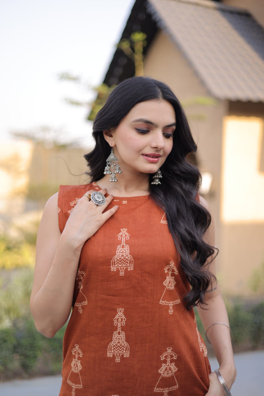 Rust Earth Sleeveless Hand-Block Print Co-ord Kurta Set