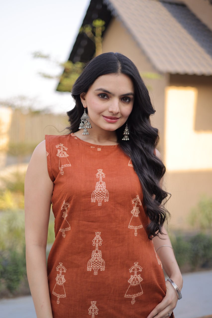 Rust Earth Sleeveless Hand-Block Print Co-ord Kurta Set