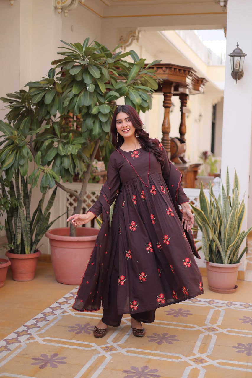 Brown Espresso Bloom Floral Embroidered Anarkali Suit Set