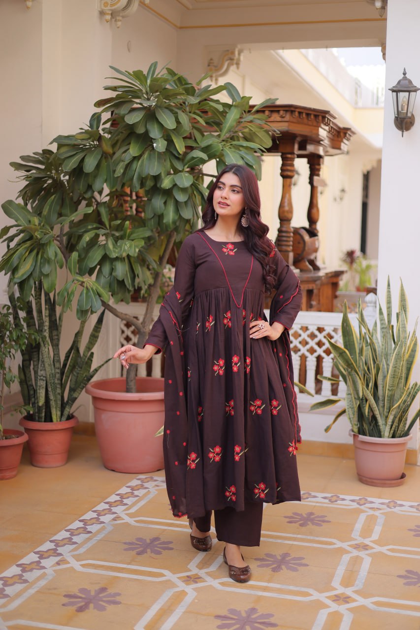 Brown Espresso Bloom Floral Embroidered Anarkali Suit Set