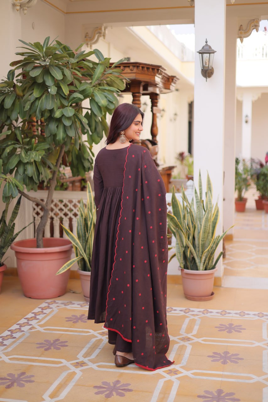 Brown Espresso Bloom Floral Embroidered Anarkali Suit Set