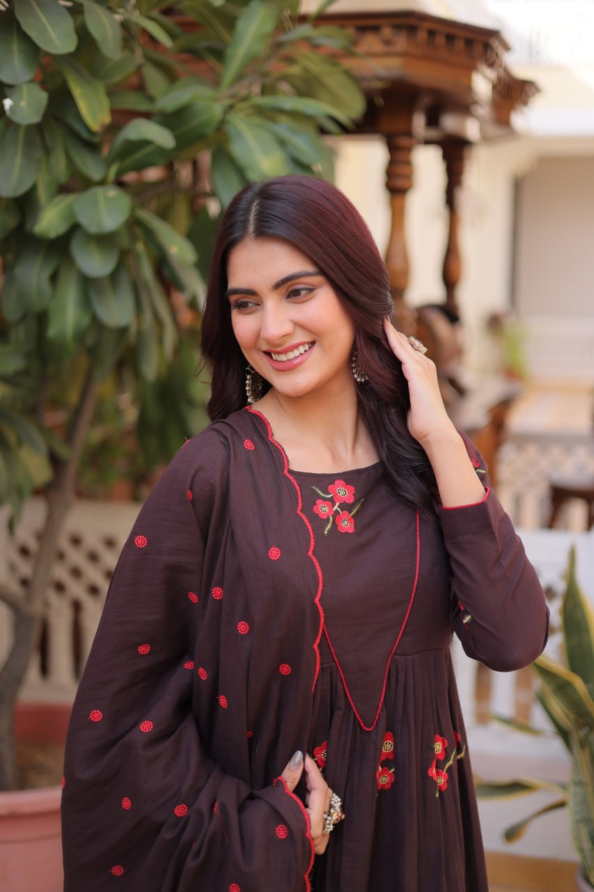 Brown Espresso Bloom Floral Embroidered Anarkali Suit Set