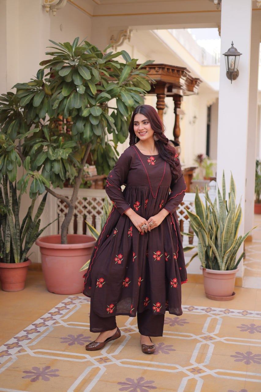 Brown Espresso Bloom Floral Embroidered Anarkali Suit Set