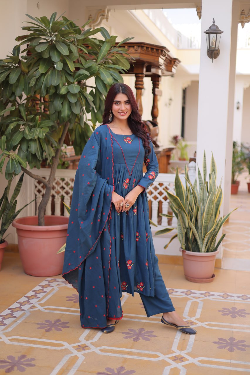 Teal Azure Floral Embroidered Anarkali Suit Set