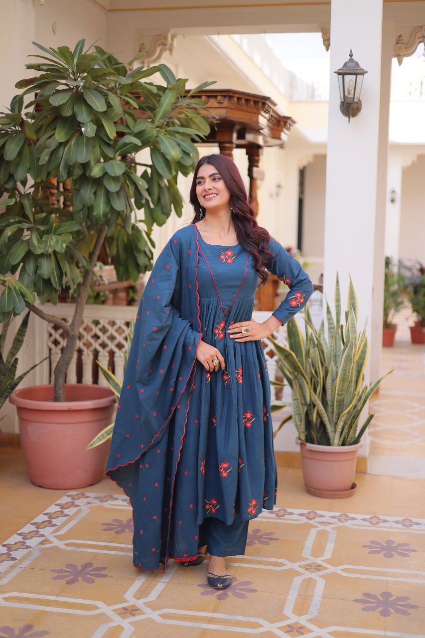 Teal Azure Floral Embroidered Anarkali Suit Set