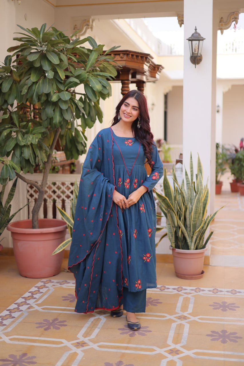 Teal Azure Floral Embroidered Anarkali Suit Set