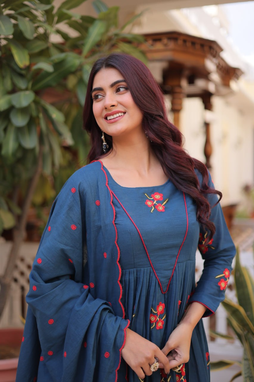 Teal Azure Floral Embroidered Anarkali Suit Set